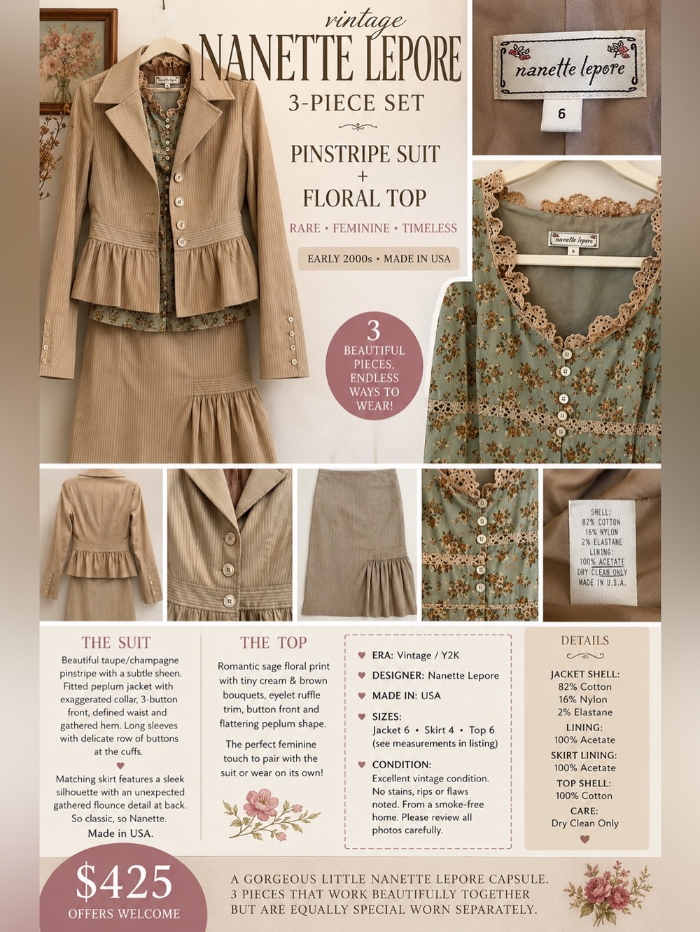 Nanette Lepore Taupe Pinstripe Skirt with Sage Floral Top Set